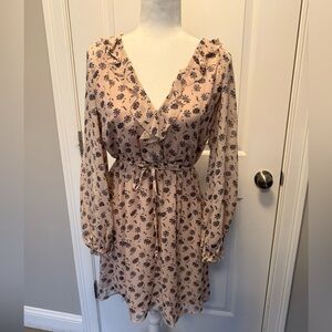 NWOT Joie Blush Pink  Floral Ruffle Tie-Waist Long Sleeve SILK Dress